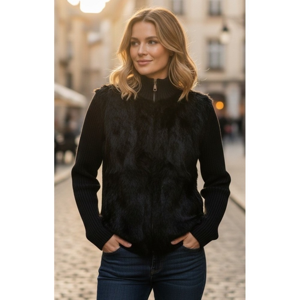Toofan Jacket Womens Size L Black Full Zip Faux Fur High Neck Classic Gothic NWT